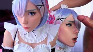 Kawaii maid in cosplay serves the boss’ cock and takes the cum in her mouth