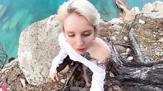 The cute girl passionately sucks dick on the beach, showcasing her skills