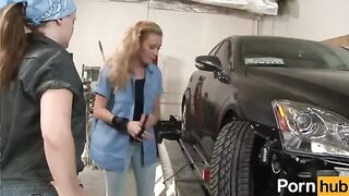 The lesbian sex of two mechanics in the garage shop