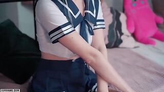 A cute schoolgirl, inspired by the kawaii aesthetic, gets her pussy filled with cum and facialed
