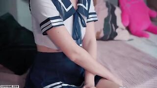 A cute schoolgirl, inspired by the kawaii aesthetic, gets her pussy filled with cum and facialed