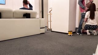 The delivery guy came in and the wife had to please him while her husband watched