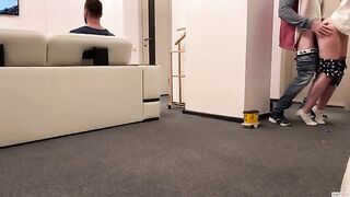 The delivery guy came in and the wife had to please him while her husband watched