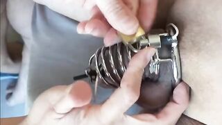 Femdom milking with chastity e-stim and dildo play