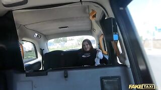 Fake taxi ride with Sabien Demonia in fishnets ends with rough sex and a big finish