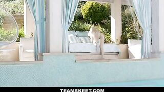 Skinny yoga babe Lola Fae gets banged by the pool by horny MILF’s BF