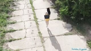 A pervert spies a babe taking a piss with his drone and fucks her