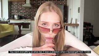 A pretty woman with glasses gets her face covered with sperm after a blowjob