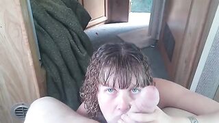 Petite slut Lavender Joy gets her mouth filled with cum