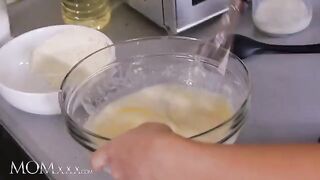 Florane Russell, sexy Czech MILF, spanks and eats out petite stepdaughter Jenny Wild in the kitchen
