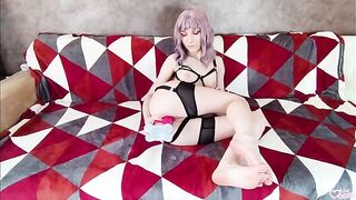 The cum flowed out of her pierced pussy right on her sexy lingerie