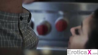 The cute couple has passionate sex right in the kitchen, embodying the sensual and erotic style that EroticaX is known for