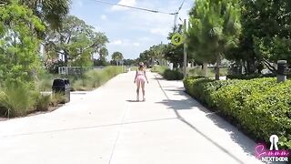 A tiny girl on roller skates rolls to her house and meets her boyfriend