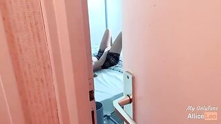 I spy on my stepsister as she rubs her pussy and I offer her my cock