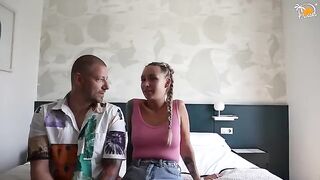 A couple enjoys their first time with dirty talk at a hotel