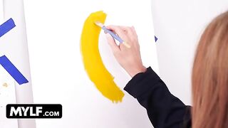 Artistic MILF with huge boobs seduces her nude male model for hardcore action