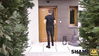 The beautiful brunette gets an unexpected guest in her bedroom, feeling ashamed