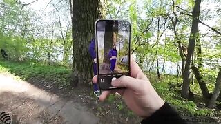 A man has an accident in his pants in the public place and a girl swallows his cum