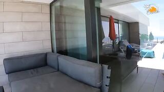 The blonde girl in socks fucked passionately by her boyfriend in the pool