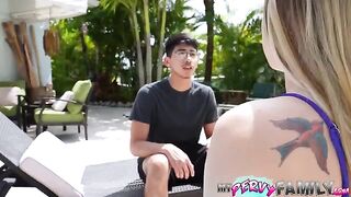 A guy caught his stepsister masturbating and she had to give him a blowjob to keep him quiet