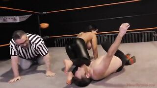 Nadia White, the busty brunette MILF, dominates her man in a fierce wrestle match