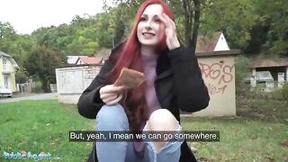 Public Agent Redhead Brit Shows Off Her Pierced Tits For Cash