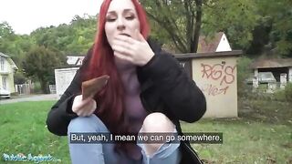 Public Agent Redhead Brit Shows Off Her Pierced Tits For Cash