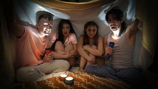 Naughty boys tell spooky story to scare and fuck in a swap