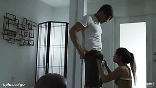 A couple's sexy workout routine is captured in a steamy video by Bellesa Films