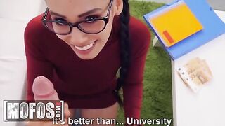 Nerdy guy can’t afford tuition, so he pays Andreina DeLuxe to see his dick