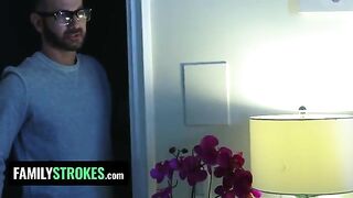 The stepdaughter pleases her stepdad while her stepmom is in the room in a taboo scenario