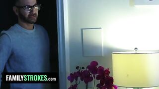 The stepdaughter pleases her stepdad while her stepmom is in the room in a taboo scenario