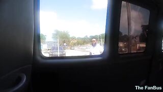 Tattooed Latina MILF Queen Rogue rides huge cock on fan bus