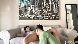 A hot chick is fucking with her stepbrother on the couch