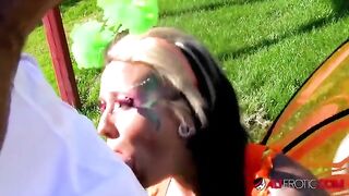 A tattooed cosplay model, Lily Fatale, got banged outdoors in a hardcore scene