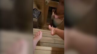 That big dude masturbates in sauna... I sucked him and he came on my throat
