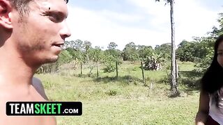 A gorgeous ebony babe with a big ass gets fucked by a worker in the garden