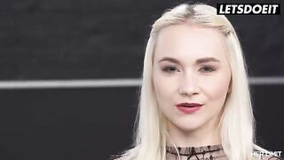 The beautiful blonde Marilyn Sugar has a huge dick in her tight pussy in this steamy scene