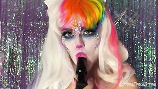 Adriana Chechik in opulent Halloween setting, using a rainbow dildo for solo play
