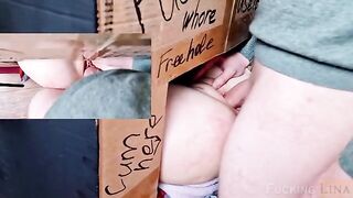 The pretty girl was fucking in the glory hole and got cum in her pussy