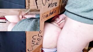 The pretty girl was fucking in the glory hole and got cum in her pussy