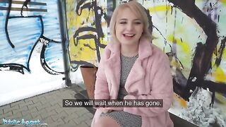 Short hair blonde teen gets fucked on the bus stop by Public Agent