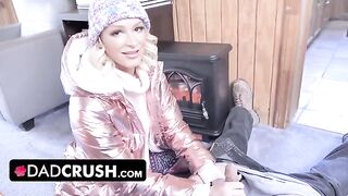 The blonde girl, Emma Hix, fucks with her stepfather and makes him cum
