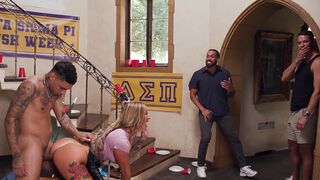 Hot busty housekeeper gets fucked hard by a group of young guys in a wild scene