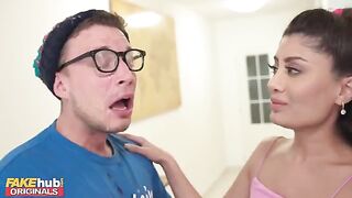Hot British Indian model licks cum from dork's glasses after he rubs it on his face