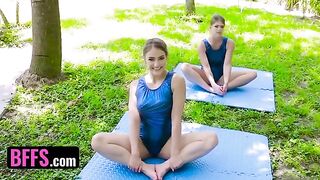 Flexible gymnast Katie Kush and Kenzie Madison getting their pussy stretched by a huge cock