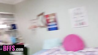 Two roommates' cocks shared by hot college girls in steamy dormitory action