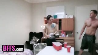 Two roommates' cocks shared by hot college girls in steamy dormitory action