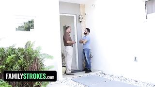 Little slut Claire Black seduces her step uncle and fucks him roughly around the house