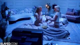 A hot lesbian encounter between two voluptuous besties, Skye and Blake